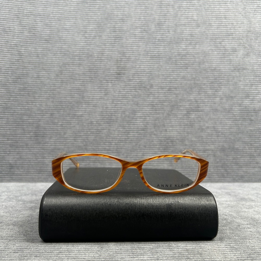 Anne Klein AK5007 Amber Horn Oval y2k Eyeglasses Frames Lion Logo 135 238 vtg